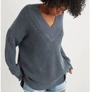 Aerie $70 XS Gray Chunky Knit V-Neck Oversized‎ Cozy Comfort Pullover Sweater